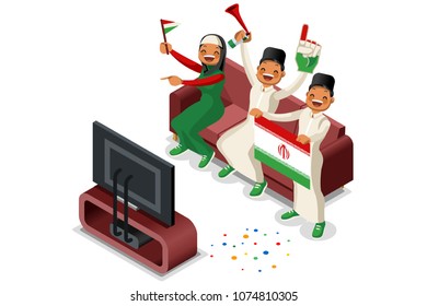 Russia 2018 world cup, Iranian football supporter. Cheerful soccer supporters crowd with Iran flag. Flat Isometric people celebrating Iranian national day. Vector illustration web banner hero images