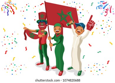 Russia 2018 world cup, Moroccan football supporters. Cheerful soccer supporters crowd Morocco flag. Flat Isometric people celebrating Moroccan national day. Vector illustration hero images, web banner