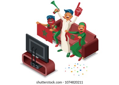 Russia 2018 world cup, Morocco football supporters. Cheerful soccer supporters crowd and Moroccan flag. Flat Isometric people celebrating Morocco national day. Vector illustration hero images, banner.