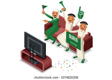 Russia 2018 world cup, Saudi Arabia football supporters. Cheerful soccer supporters crowd and Saudi Arabian flag. Flat isometric people celebrating Saudi Arabia national day. Vector illustration image