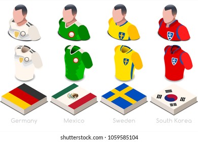 Russia 2018 world cup Soccer world cup jersey. Group F of players with team shirts flags and ball. referee football vector illustration. 