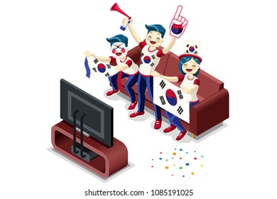 Russia 2018 world cup, South Korean football fans. Cheerful soccer fans, supporters crowd and South Korea flag. South Korean national day. Isometric people, vector illustration sports images Isolated