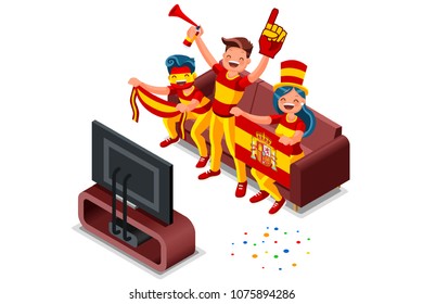 Russia 2018 world cup, Spanish football supporters. Cheerful soccer supporters crowd and Spain flag. Flat Isometric people celebrating Spanish national day.  Illustration web banner, hero images