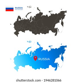 Mapas administrativos de Rusia con fronteras de regiones silueta azul aislado en fondo blanco. Ilustración vectorial eps 10