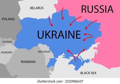 Russia against Ukraine map. Ukraine and Russia military conflict. Geopolitical concept illustration