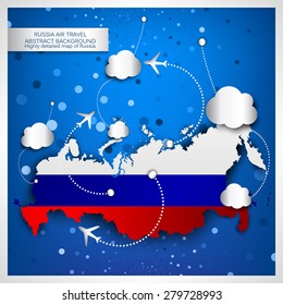 Russia air travel abstract background with a highly detailed map of Russia. Vector illustration.