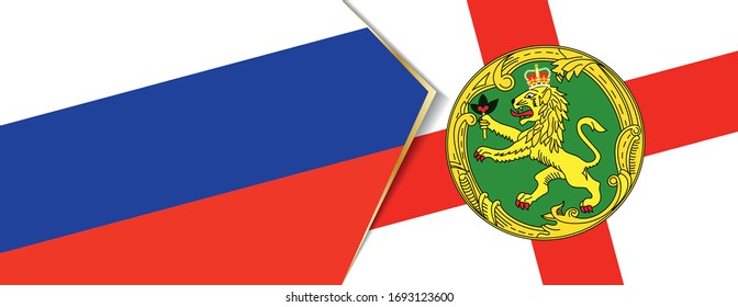 Russia and Alderney flags, two vector flags symbol of relationship or confrontation.
