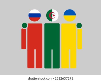 Russia, Algeria, and Ukraine National Flags With Embracing Body. Vector Illustration. Isolated background.