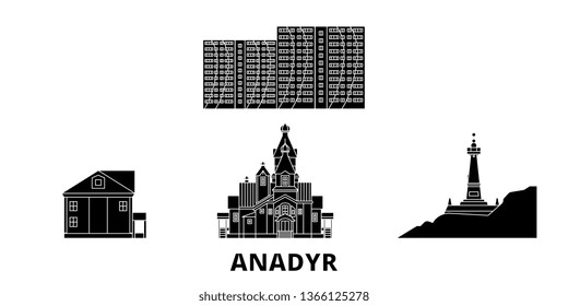Russia, Anadyr flat travel skyline set. Russia, Anadyr black city vector illustration, symbol, travel sights, landmarks.