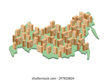 Russia Architectural map .Grey building on entire territory of country. Sad built. Old houses and of  ghetto. Vector illustration of a country.