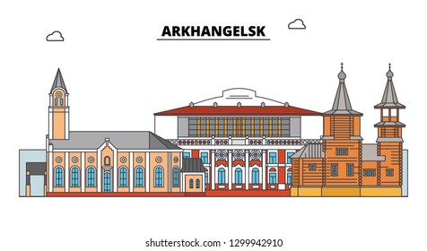 Russia, Arkhangelsk. City skyline: architecture, buildings, streets, silhouette, landscape, panorama. Flat line, vector illustration. Russia, Arkhangelsk outline design.