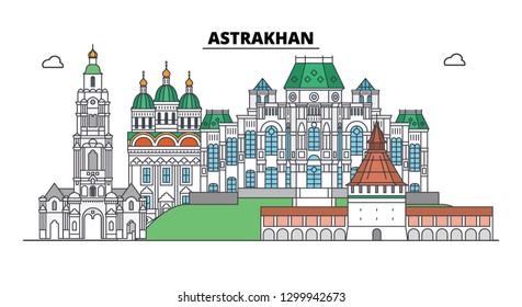 Russia, Astrakhan. City skyline: architecture, buildings, streets, silhouette, landscape, panorama. Flat line, vector illustration. Russia, Astrakhan outline design.