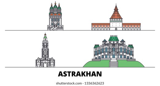 Russia, Astrakhan flat landmarks vector illustration. Russia, Astrakhan line city with famous travel sights, skyline, design. 