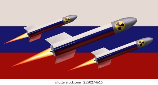 Bomba atómica de Rusia y cohete de arma aislado en el fondo de la bandera rusa. El misil está pintado en colores rusos con fuego de la boquilla y el icono de radiación