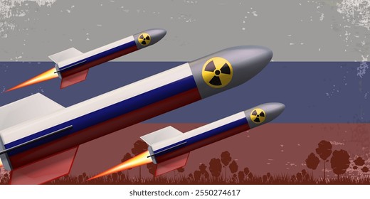 A bomba atômica russa e o foguete de armas isolados no fundo da bandeira russa. O míssil é pintado em cores russas com fogo do bocal e ícone de radiação