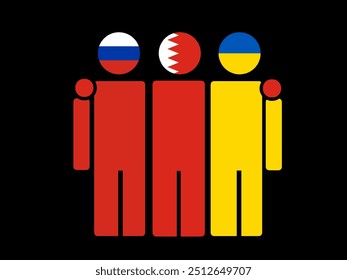 Russia, Bahrain, and Ukraine National Flags With Embracing Body. Vector Illustration. Isolated background.