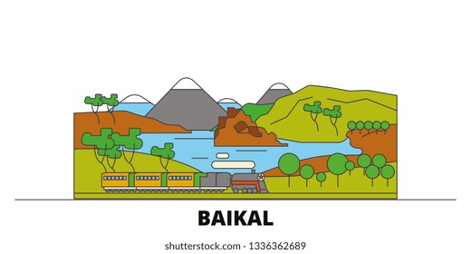 Russia, Baikal flat landmarks vector illustration. Russia, Baikal line city with famous travel sights, skyline, design. 