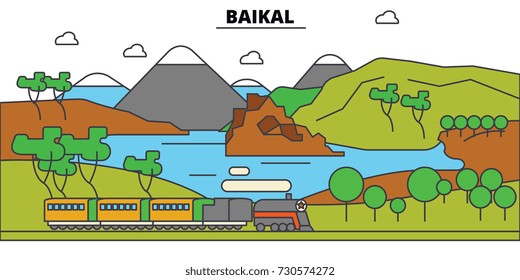 Russia, Baikal, lake. City skyline, architecture, buildings, streets, silhouette, landscape, panorama, landmarks. Editable strokes. Flat design line vector illustration concept. Isolated icons set