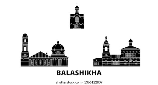 Russia, Balashikha flat travel skyline set. Russia, Balashikha black city vector illustration, symbol, travel sights, landmarks.
