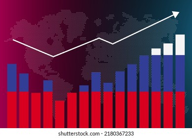 Russia bar chart graph with ups and downs, increasing values, Russia country flag on bar graph, upward rising arrow on data, news banner idea, developing country concept