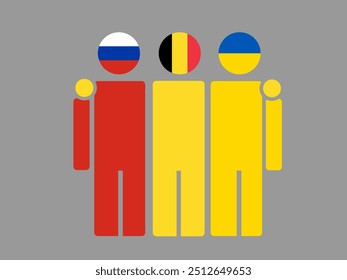 Russia, Belgium, and Ukraine National Flags With Embracing Body. Vector Illustration. Isolated background.