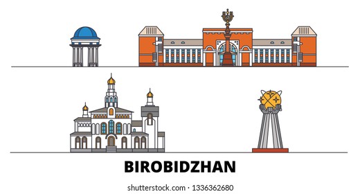 Russia, Birobidzhan  flat landmarks vector illustration. Russia, Birobidzhan  line city with famous travel sights, skyline, design. 