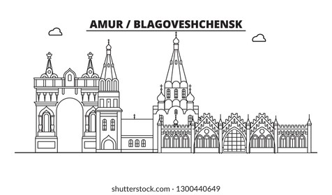 Russia, Blagoveshchensk. City skyline: architecture, buildings, streets, silhouette, landscape, panorama, landmarks. Editable strokes. Flat design, line vector illustration concept. Isolated icons
