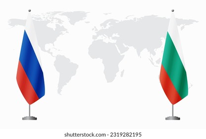 Russia and Bulgaria flags for official meeting against background of world map.