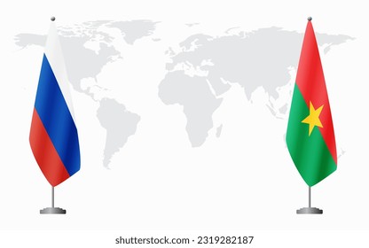 Russland und Burkina Faso Flaggen für offizielle Treffen vor dem Hintergrund der Weltkarte.