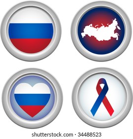 Russia buttons with map, flag, ribbon and heart