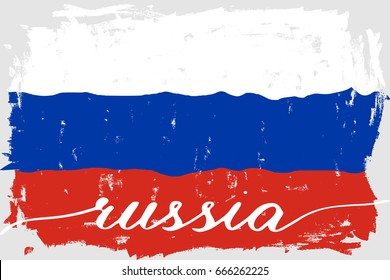 Russia calligraphy Russian painted flag grunge flag with handwritten white text, vector. There are true colors of the flag