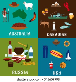 Russia, Canada, USA and Australia travel flat icons with traditional culture, history, industry, landmark, nature and national cuisine elements