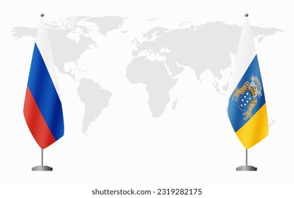 Russia and Canary Islands flags for official meeting against background of world map.