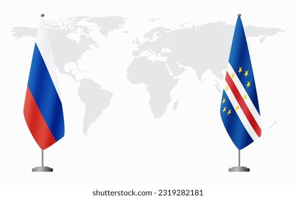 Russia and Cape Verde flags for official meeting against background of world map.