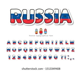 Russia Cartoon Font. Russian National Flag Colors. Paper Cutout Glossy ABC Letters And Numbers. Bright Alphabet For Tourism Design. Nesting Doll Matrioshka Icons. Vector Illustration