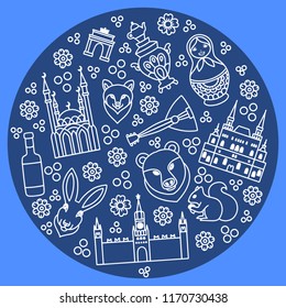 Russia cartoon travel vector map, russian symbols and other, decorative poster flat style for design tourism