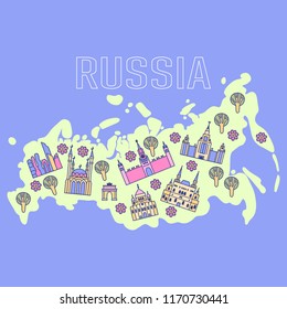 Russia cartoon travel vector map, russian symbols and other, decorative poster flat style for design tourism