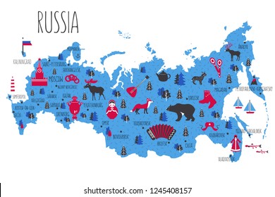 Russia cartoon travel vector map isolated, landmark Kremlin palace, Moscow, russian symbols, matryoshka, samovar, balalaika, felt boots, wild animals, decorative poster flat style for design tourism