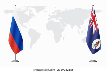 Russia and Cayman Islands flags for official meeting against background of world map.