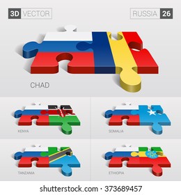 Russia and Chad, Kenya, Somalia, Tanzania, Ethiopia Flag. 3d vector puzzle. Set 26.