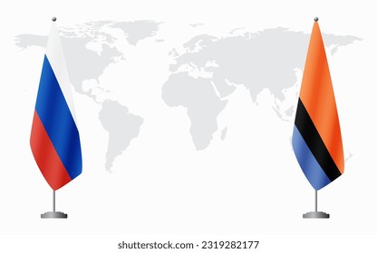 Russia and Chagos Islands flags for official meeting against background of world map.