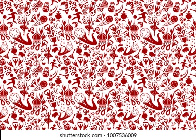 Russia championship inspired vector background illustration.Hand drawn Russia wallpaper image. Creative background with balalaika, kokoshnik, ball. Funny wallpaper for textile and fabric.