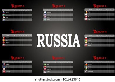 Russia championship. Vector flags and groups. World football championship. Football tournament. All groups with illustrated round flags. Convenient tables for recording match results and scoring