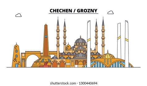 Russia, Chechen, Grozny. City skyline: architecture, buildings, streets, silhouette, landscape, panorama. Flat line, vector illustration.