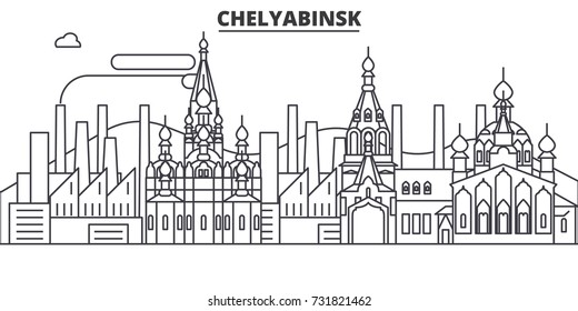 Russia, Chelyabinsk architecture line skyline illustration. Linear vector cityscape with famous landmarks, city sights, design icons. Landscape wtih editable strokes