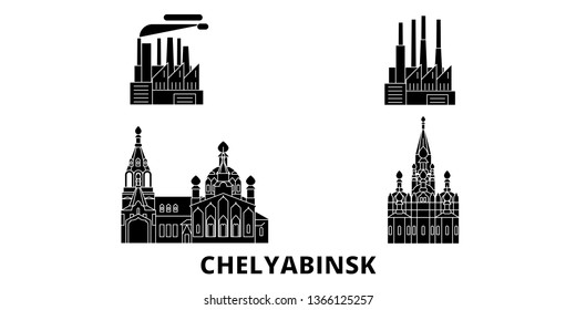 Russia, Chelyabinsk flat travel skyline set. Russia, Chelyabinsk black city vector illustration, symbol, travel sights, landmarks.