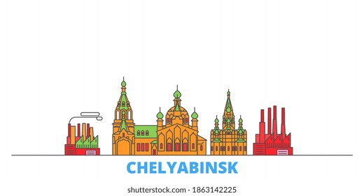 Russia, Chelyabinsk line cityscape, flat vector. Travel city landmarks, outline illustration, line world icons