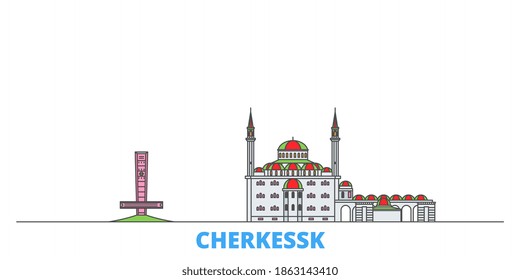 Russia, Cherkessk line cityscape, flat vector. Travel city landmark, oultine illustration, line world icons