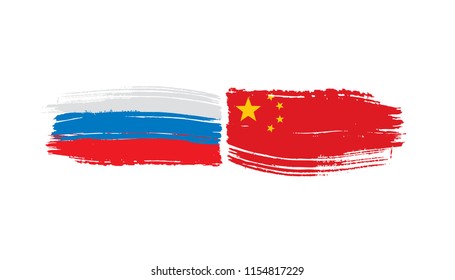 Russia and China flags. Vector illustration on white background