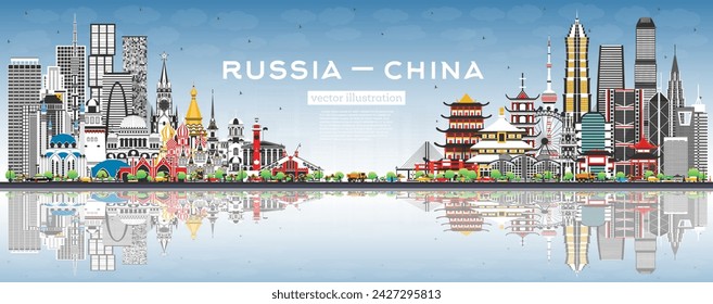 Russia and China skyline with gray buildings, blue sky and reflections. Famous landmarks. Vector illustration. China and Russia concept. Diplomatic relations between countries.